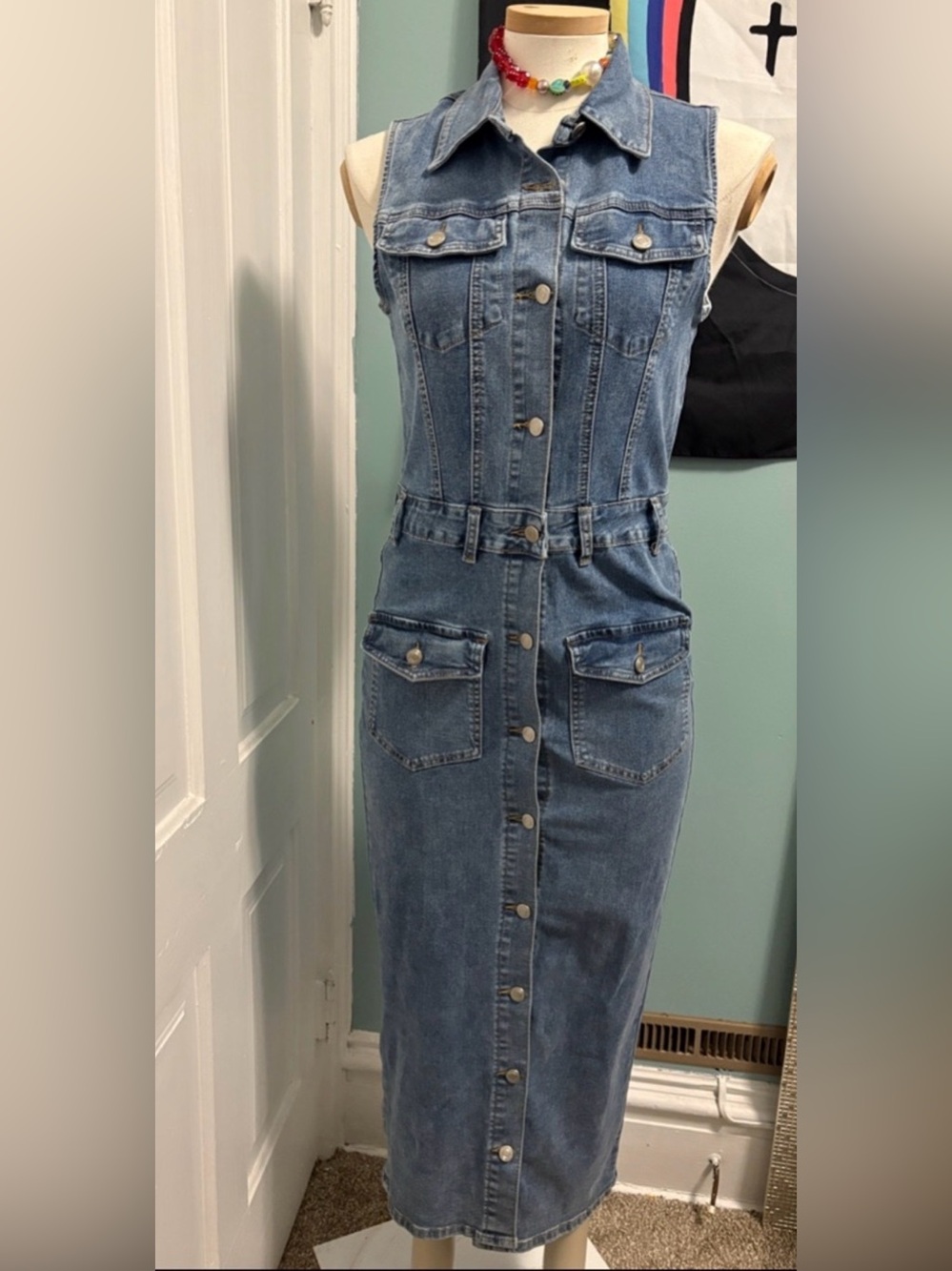 Sleeveless Denim Button-Front Midi Dress - Blue